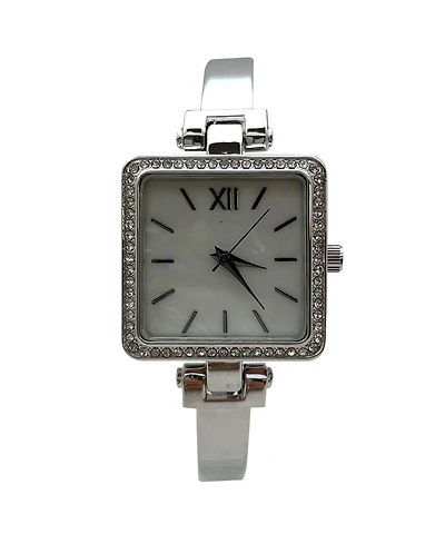 Olivia Pratt Silver Square Face Thin Rhinestone Bezel Bangle Women Watch