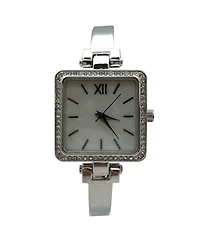 Olivia Pratt Silver Square Face Thin Rhinestone Bezel Bangle Women Watch