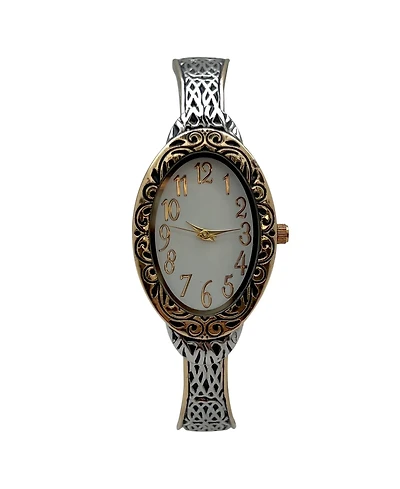 Olivia Pratt Two Tone Oval Face Elegant Textured Bangle Women Watch
