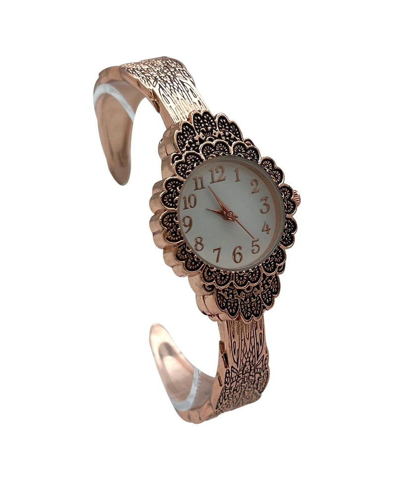 Olivia Pratt Rose Gold Elegant Flower Detailed Face Bangle Women Watch