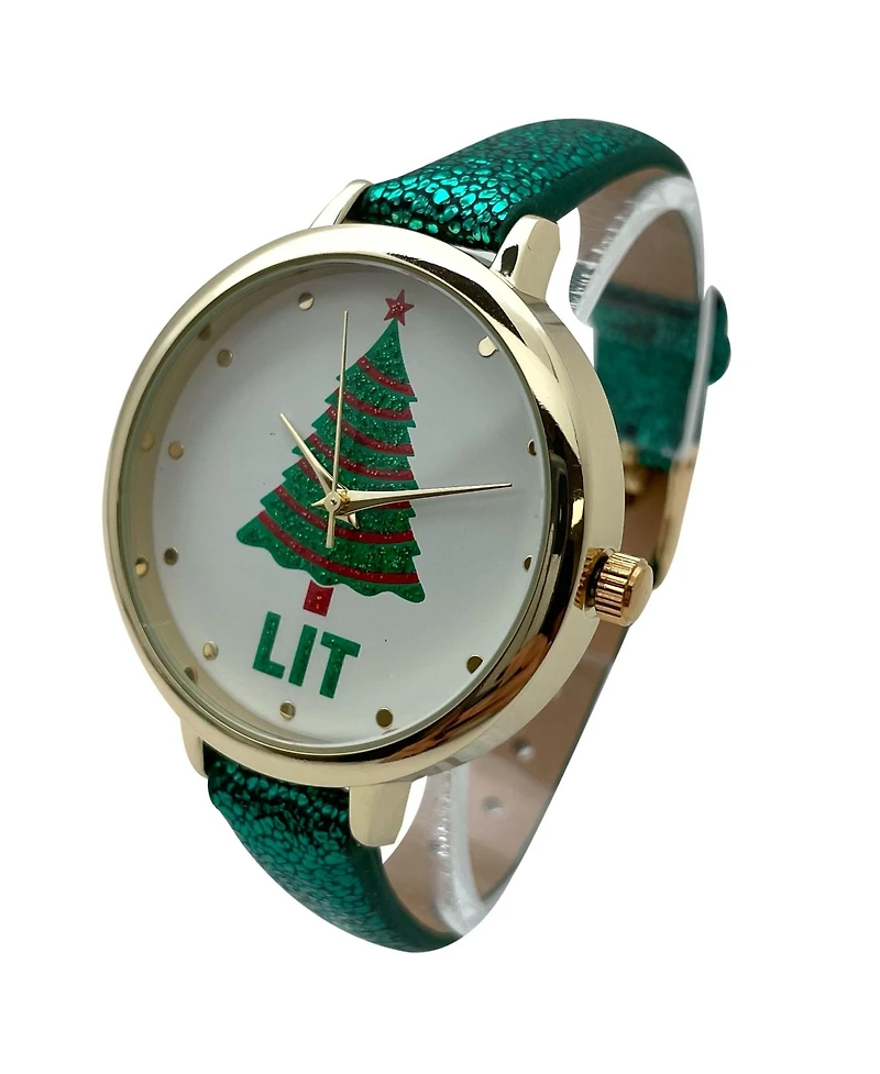 Olivia Pratt Shiny Green Faux Leather Christmas Themed Women Watches