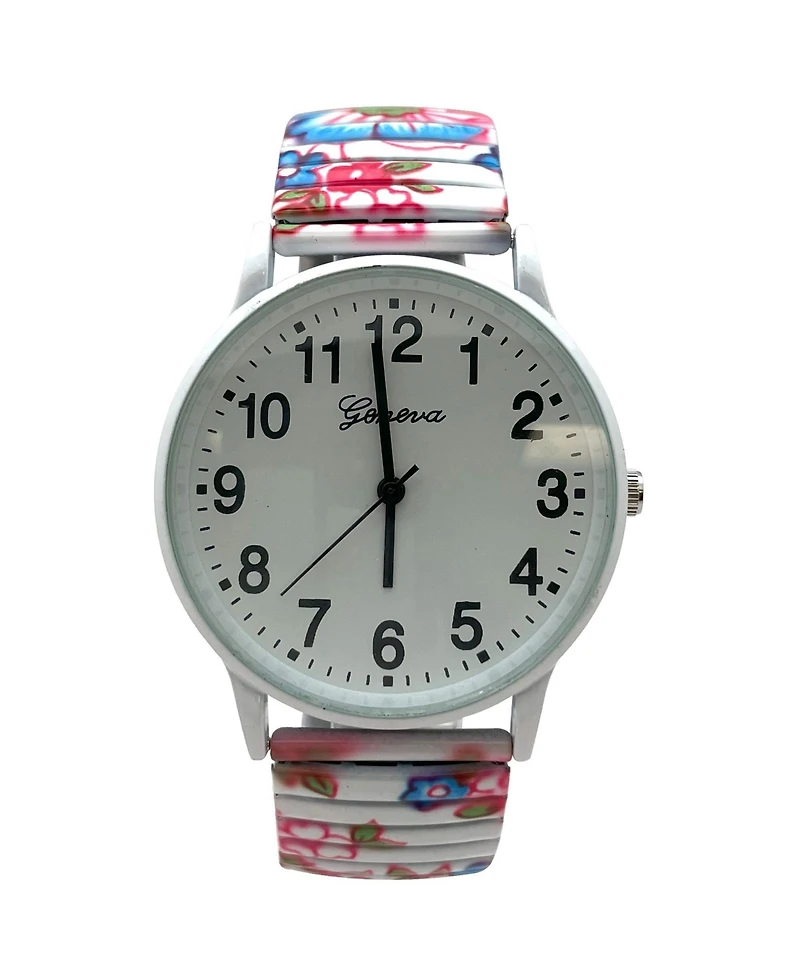 Olivia Pratt White Multi Big Dial Easy Reader Watch Abstract Elastic Stretch Band Wristwatch Women Watch