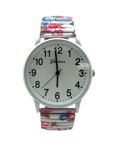 Olivia Pratt White Multi Big Dial Easy Reader Watch Abstract Elastic Stretch Band Wristwatch Women Watch