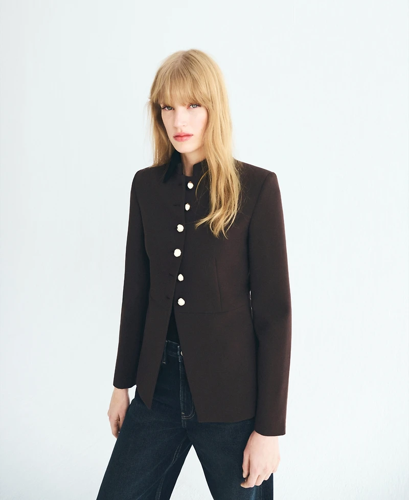 Mango Women's Jewel-Button Strip Collar Jacket