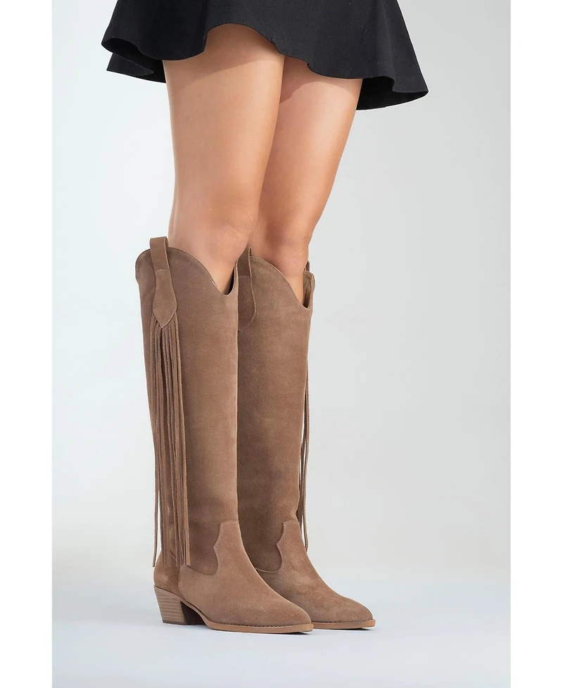 Forever & Always Shoes Rios Leather Fringe Knee High Boot (Women)