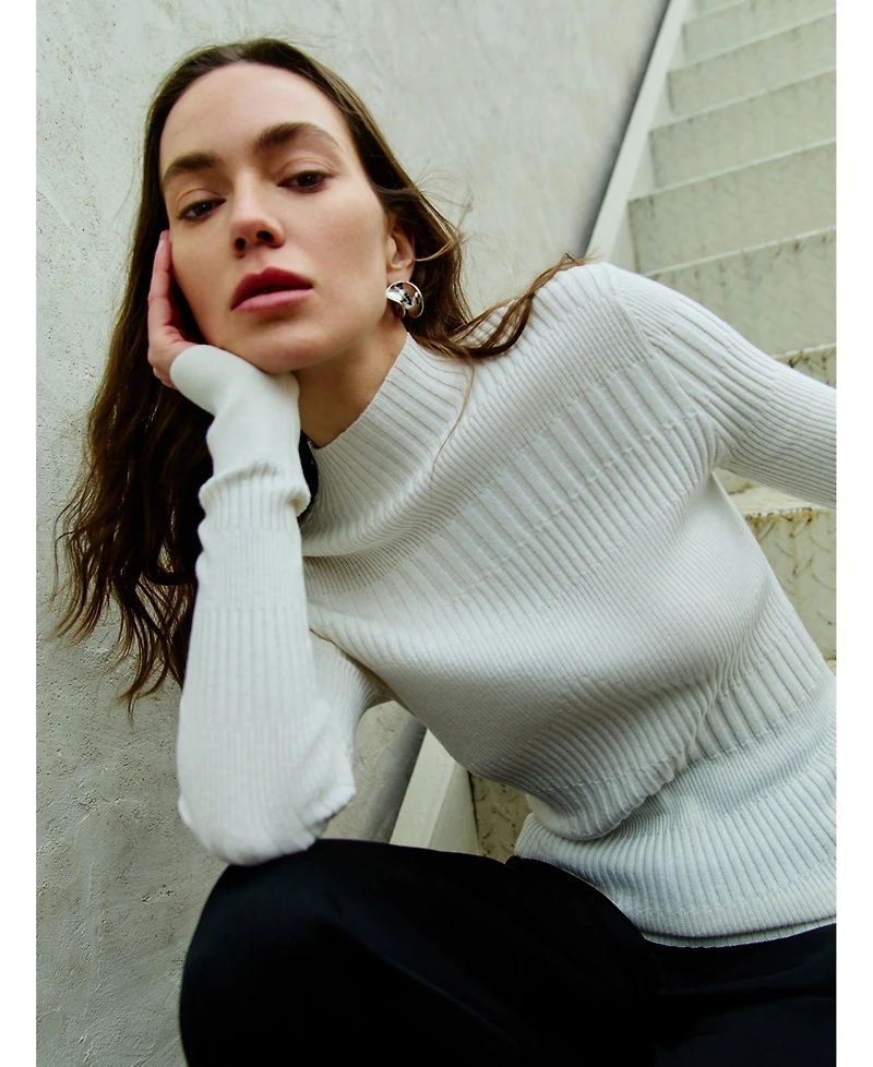 Gobi Cashmere Women's High-neck Ribbed Cotton Silk Blend Sweater