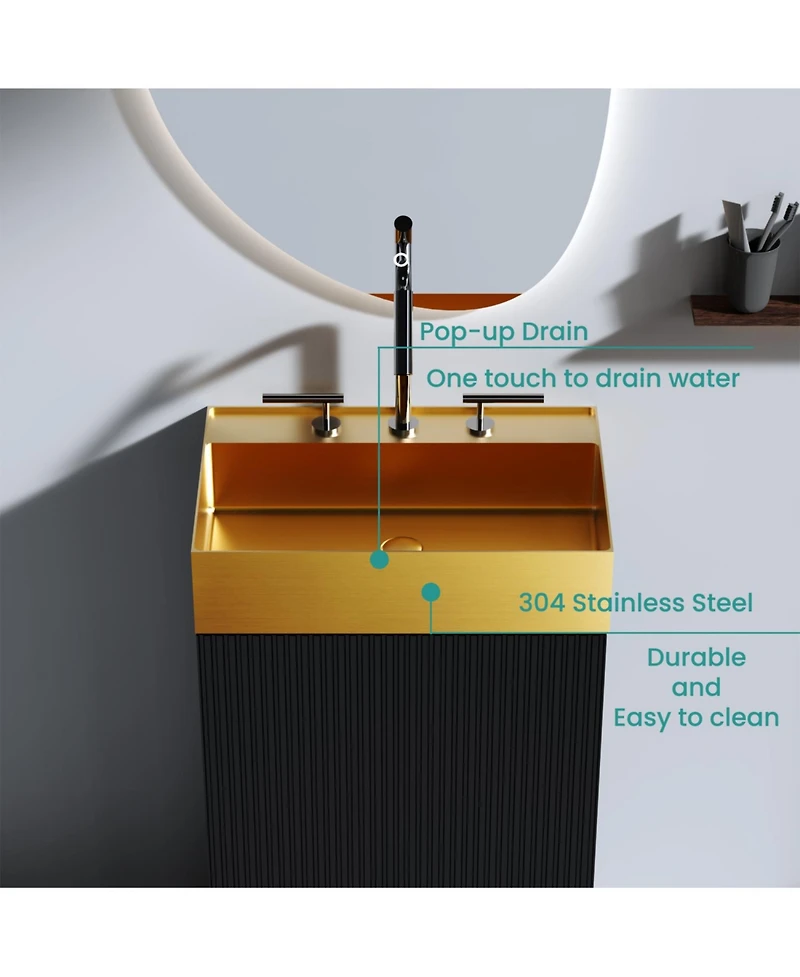 Streamdale 20"x14" Brushed Gold Stainless Steel Bathroom Sink - 3 Faucet Holes