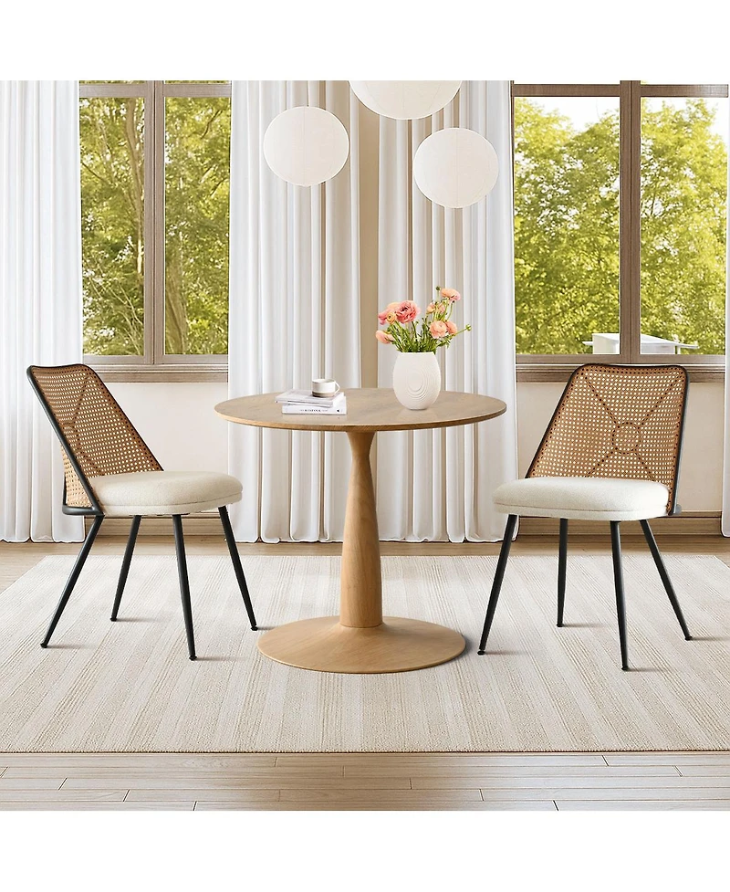3-Piece 34.5 Inch Round Dining Set with Wood-Look Pedestal Table and 2 Upholstered Rattan Back Chairs with Black Metal Legs-Maison Boucle