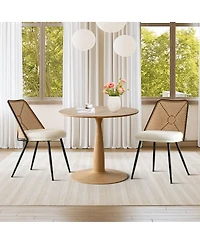 3-Piece 34.5 Inch Round Dining Set with Wood-Look Pedestal Table and 2 Upholstered Rattan Back Chairs with Black Metal Legs-Maison Boucle