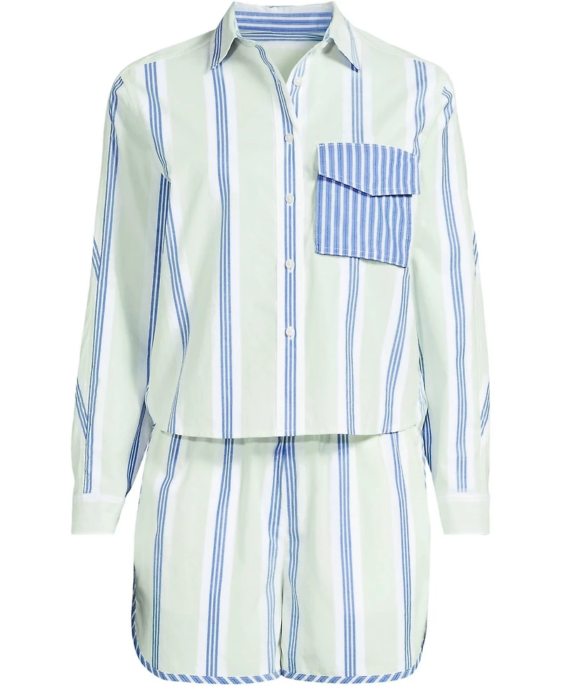 Lands' End Women's Cotton Poplin 2 Piece Pajama Set - Long Sleeve Top and Shorts with Piping