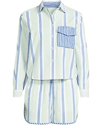 Lands' End Women's Cotton Poplin 2 Piece Pajama Set - Long Sleeve Top and Shorts with Piping
