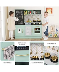 Gymax Play Kitchen Toy Set w/ Chalkboard Oven Sink Curtain Microwave Water Dispenser