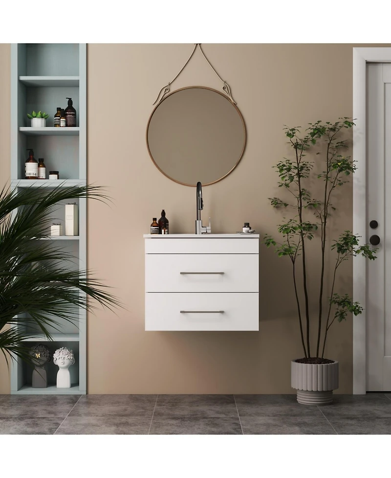 Streamdale 24" White Gloss Wall-Mount Vanity, Double Drawer, Ceramic Sink
