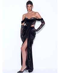 Miss Circle Women's Quintessa Black Lace Velvet Corset Off Shoulder Gown
