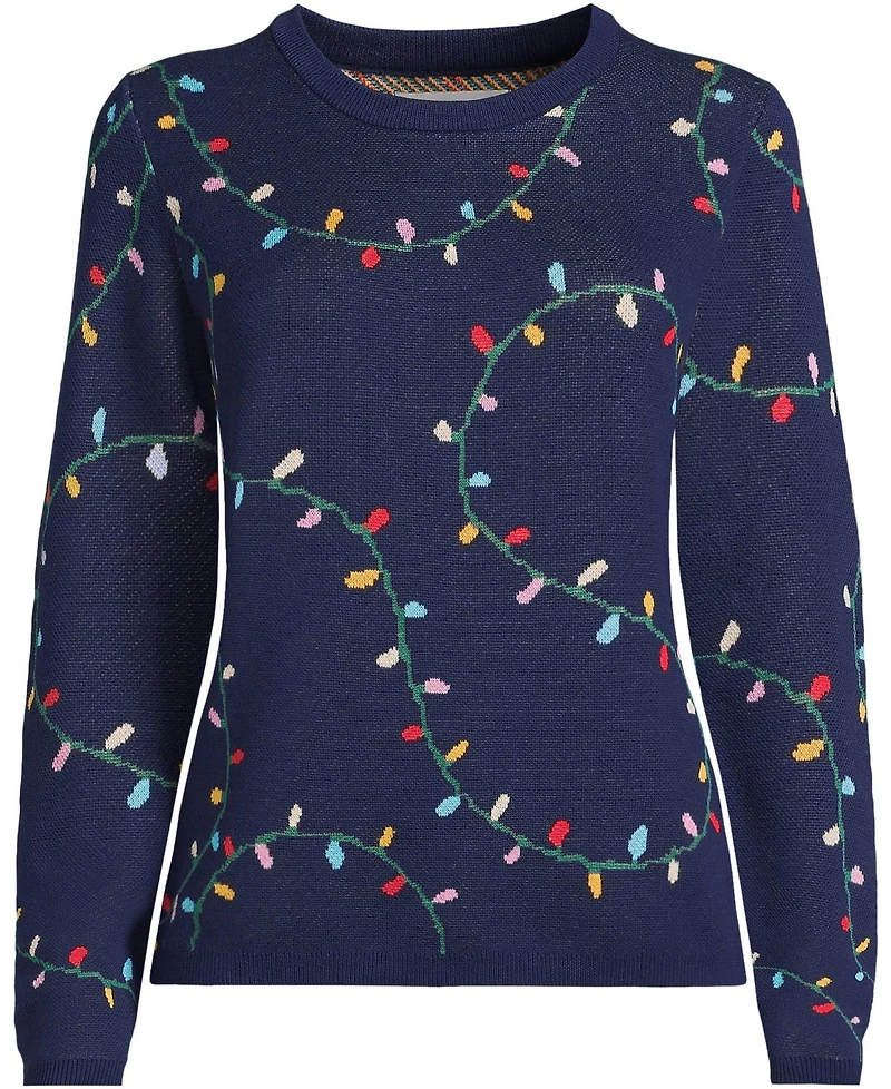 Lands' End Women's Fine Gauge Cotton All Over Jacquard Crew Neck Sweater