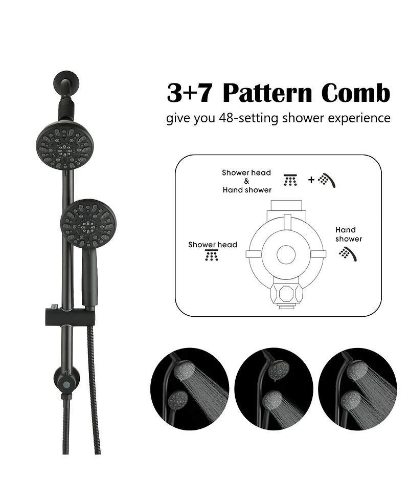 Rainsken High Pressure 48-Settings Shower Head with Handheld Shower,Adjustable Height Slide Bar Dual Shower Head Combo Set