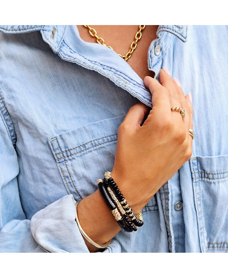 Black Beads Gold Plated Textured Bead Bracelet Stack