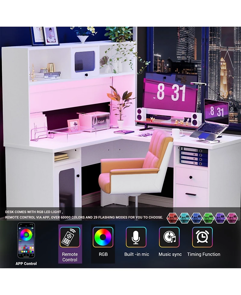 L Shaped Desk with Hutch, Corner Desk Workstation with Charge Station and File Cabinet