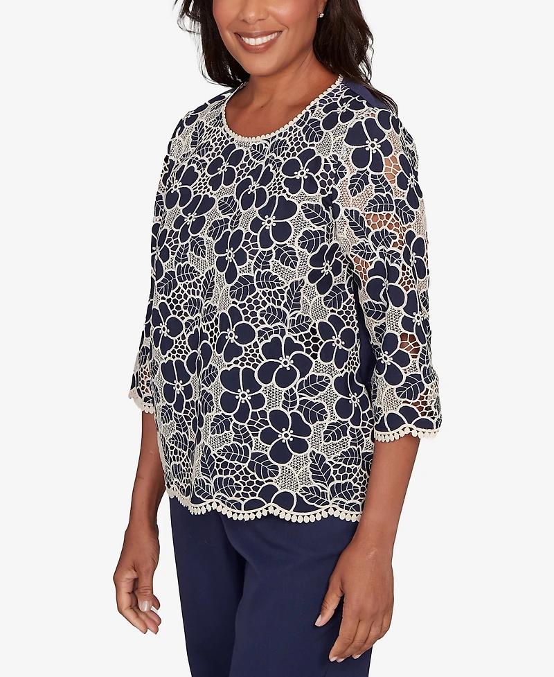 Alfred Dunner Plus Saratoga Springs Floral Lace Trim Soft Knit Top