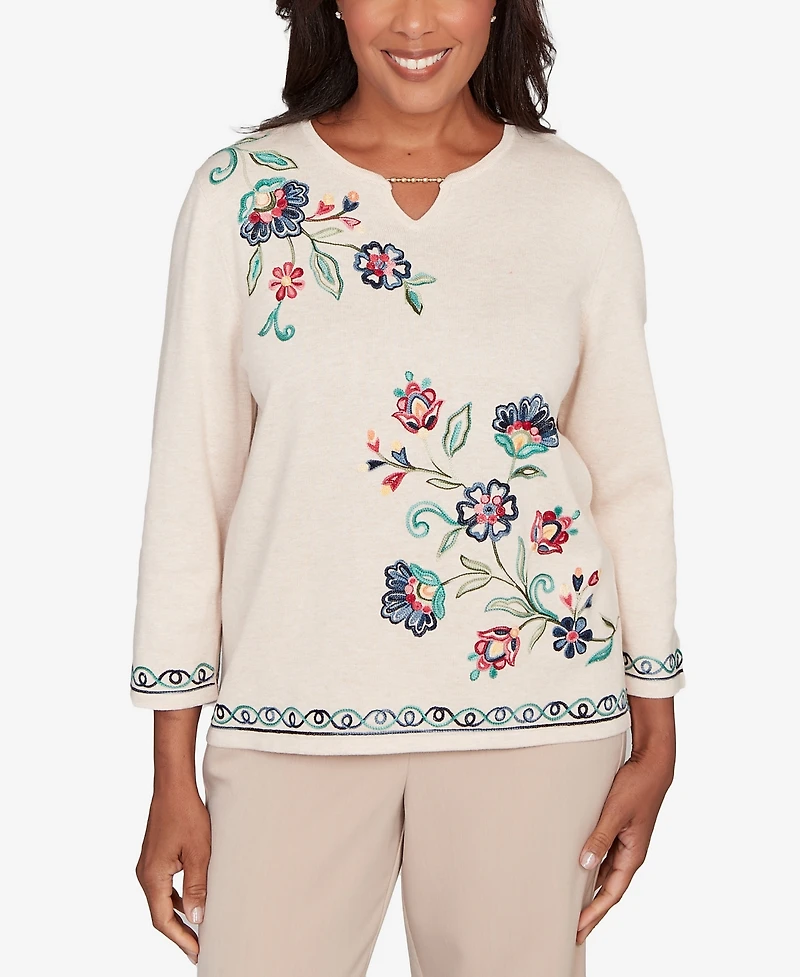 Alfred Dunner Plus Saratoga Springs Embroidered Floral Three-Quarter Sleeve Sweater
