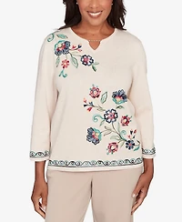 Alfred Dunner Plus Saratoga Springs Embroidered Floral Three-Quarter Sleeve Sweater