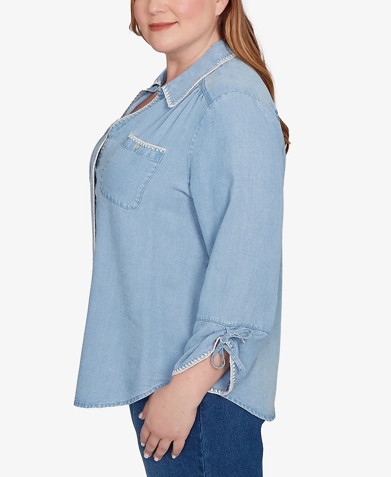 Alfred Dunner Plus Hilton Head Blanket Stitch Trim Button-Front Top