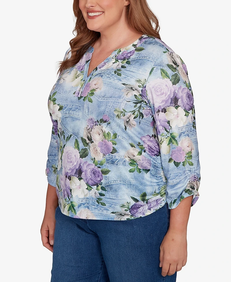 Alfred Dunner Plus Hilton Head Denim Floral Applique Henley Top