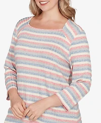 Ruby Rd. Plus Marled Stripe Envelope Neck Rib Knit Top