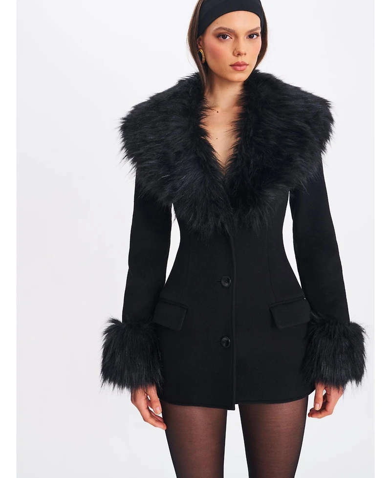 Miss Circle Women Hailee Black Single Breasted Wool Blend Mini Coat with Removable Fur Lapel
