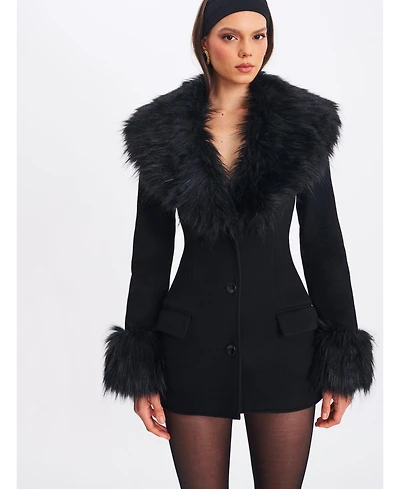 Miss Circle Women Hailee Black Single Breasted Wool Blend Mini Coat with Removable Fur Lapel