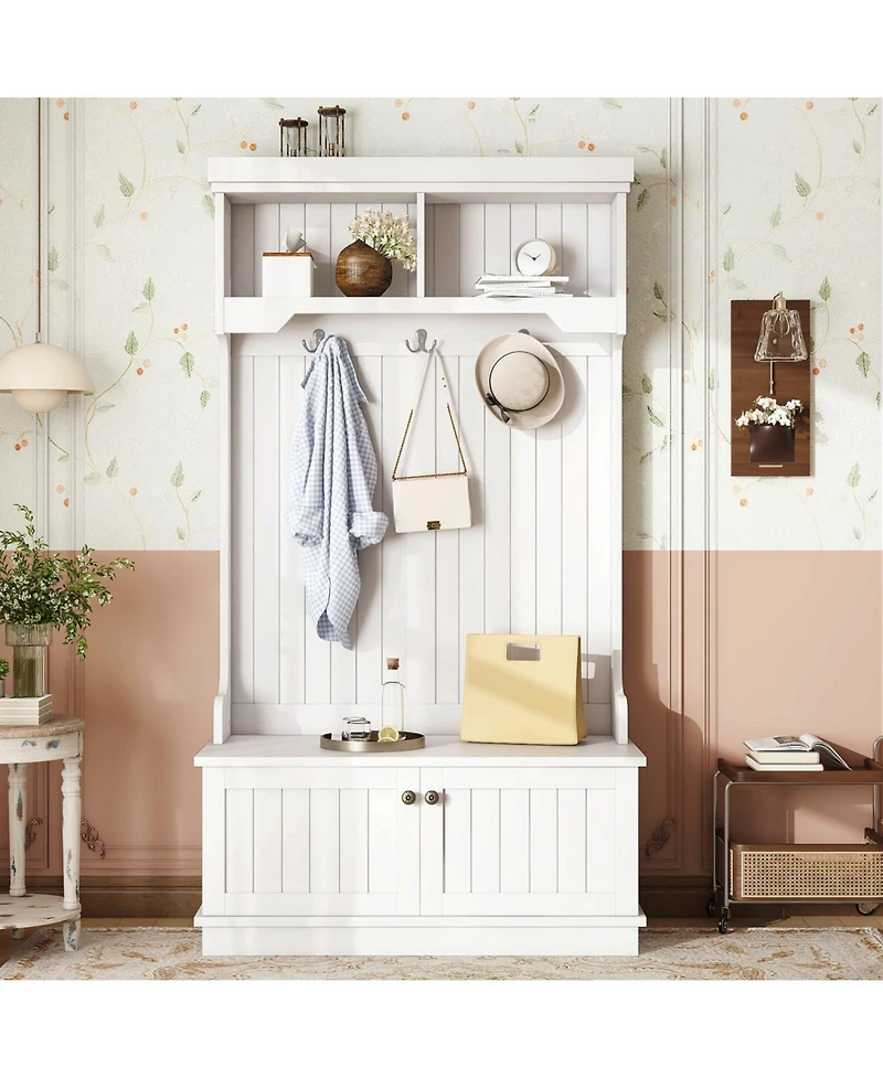 Streamdale Hall Tree Entryway Shoe Bench Coat Rack Hooks - White