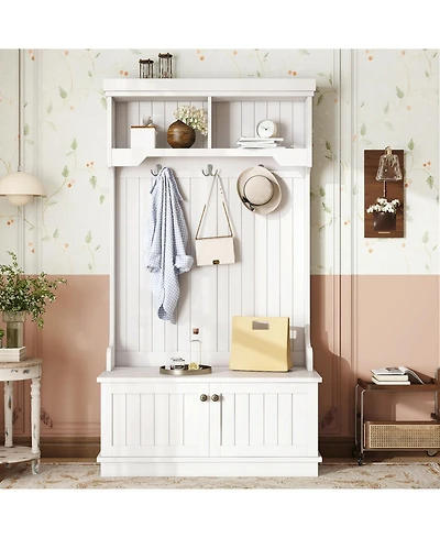 Streamdale Hall Tree Entryway Shoe Bench Coat Rack Hooks - White