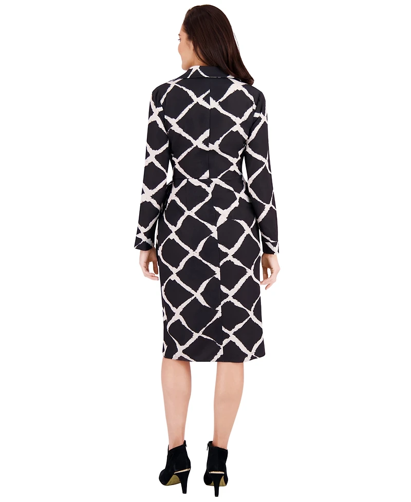 London Times Women's Collar Printed Side Tie Midi Dress