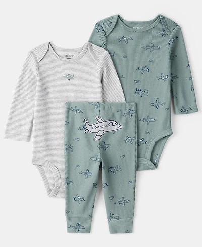 Carter's Baby Boys 3-Piece Airplane Print Long-Sleeve Bodysuit and Pants Set