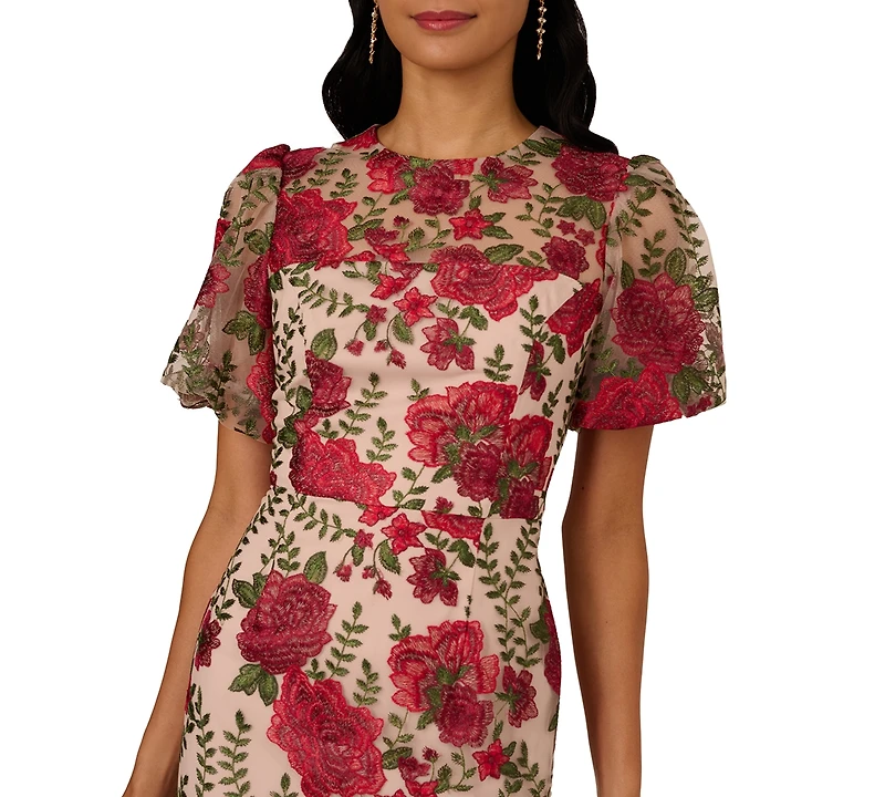 Adrianna Papell Women's Embroidered Puff Sleeve Dress