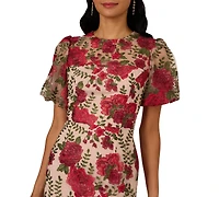 Adrianna Papell Women's Embroidered Puff Sleeve Dress