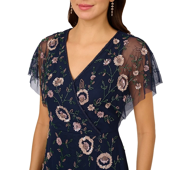 Adrianna Papell Women's Bead Flutter-Sleeve Midi Mesh Dress