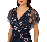 Adrianna Papell Women's Bead Flutter-Sleeve Midi Mesh Dress