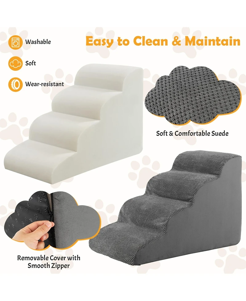 Gymax 4-Tier Foam Dog Ramp Non-Slip Dog Steps Soft Pet Stairs Ladder w/ brush for High Sofa Bed
