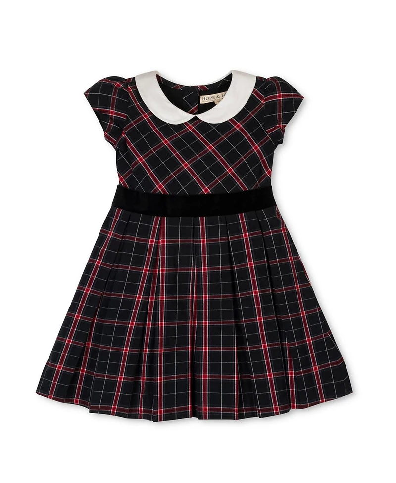 Hope & Henry Little and Big Girls' Organic Stretch Poplin Peter Pan Collar Dress with Velveteen