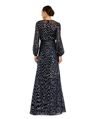Mac Duggal Women's Sequin Long Sleeve Blouson Evening Gown