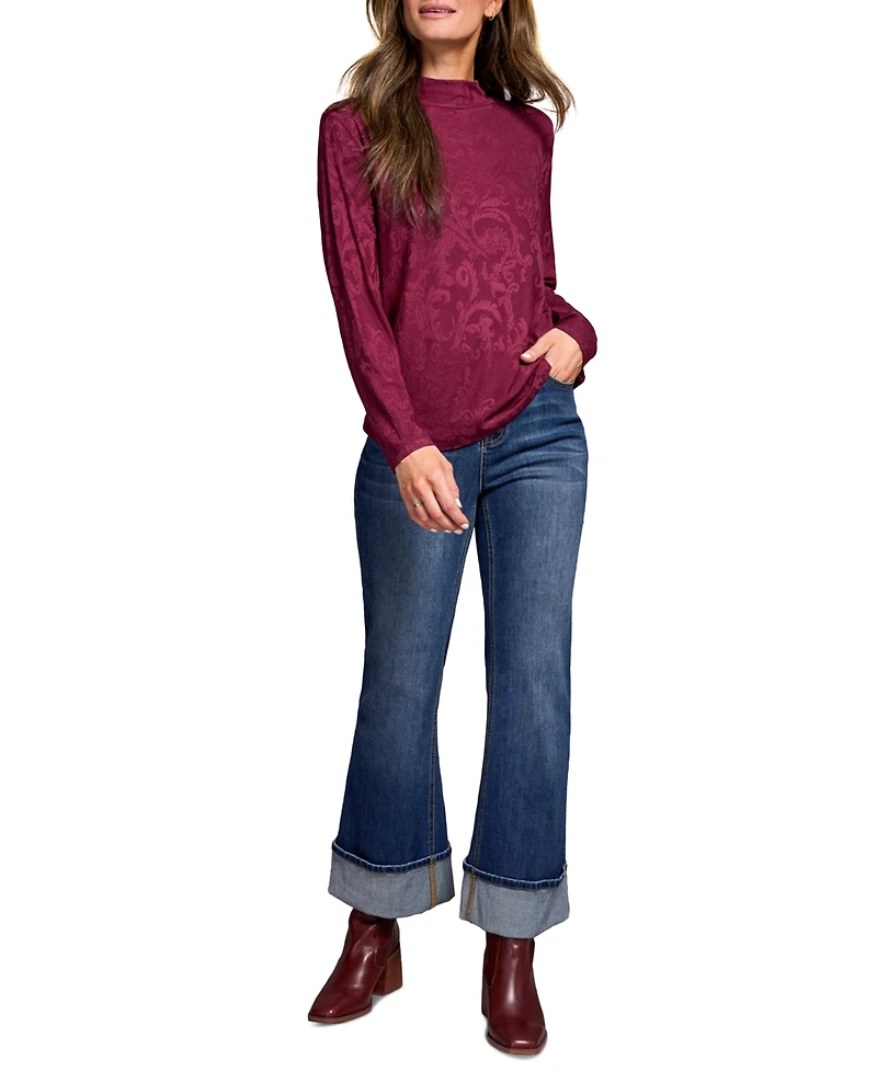 Tribal Women's Jacquard Knit Long Sleeve Mock Neck Top