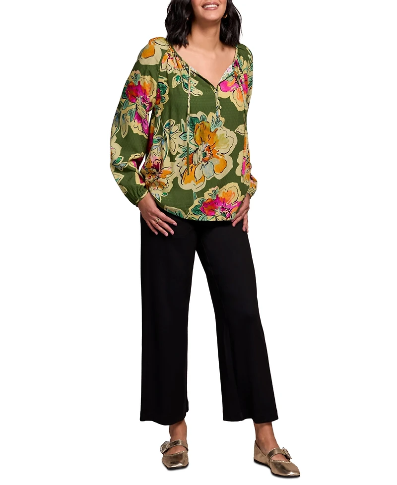 Tribal Women's Floral Textured Wove Notch Neck Top