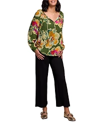 Tribal Women's Floral Textured Wove Notch Neck Top