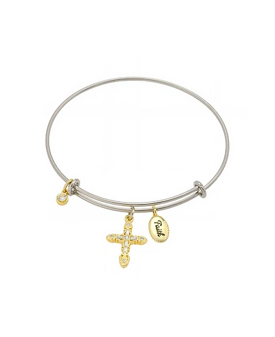 Unwritten Two Tone Tone "Faith" Crystal Cross And Crystal Bezel Bangle Bracelet