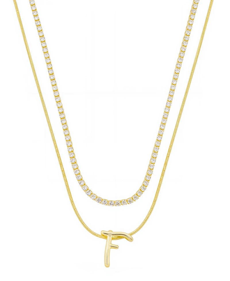 Unwritten Letter "F" Initial Snake Chain Cubic Zirconia Chain Necklace With Extender 2Pcs Set