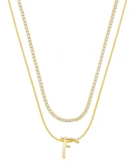 Unwritten Letter "F" Initial Snake Chain Cubic Zirconia Chain Necklace With Extender 2Pcs Set