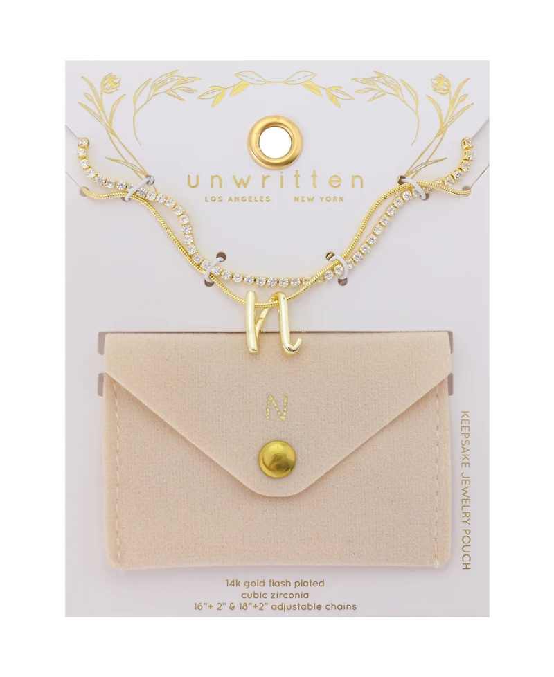 Unwritten Letter "N" Initial Snake Chain Cubic Zirconia Chain Necklace With Extender 2Pcs Set