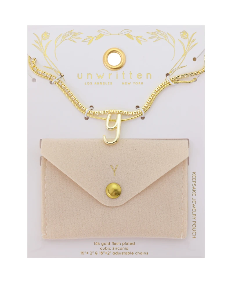 Unwritten Letter "Y" Initial Snake Chain Cubic Zirconia Chain Necklace With Extender 2Pcs Set
