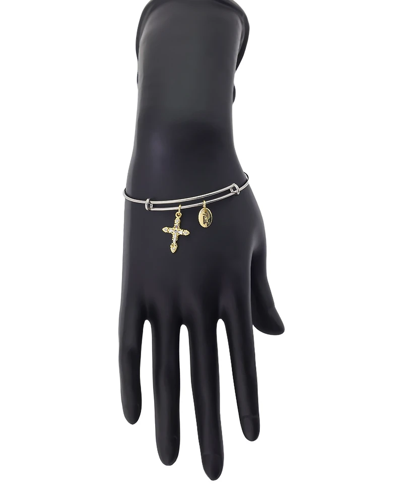 Unwritten Two Tone Tone "Faith" Crystal Cross And Crystal Bezel Bangle Bracelet